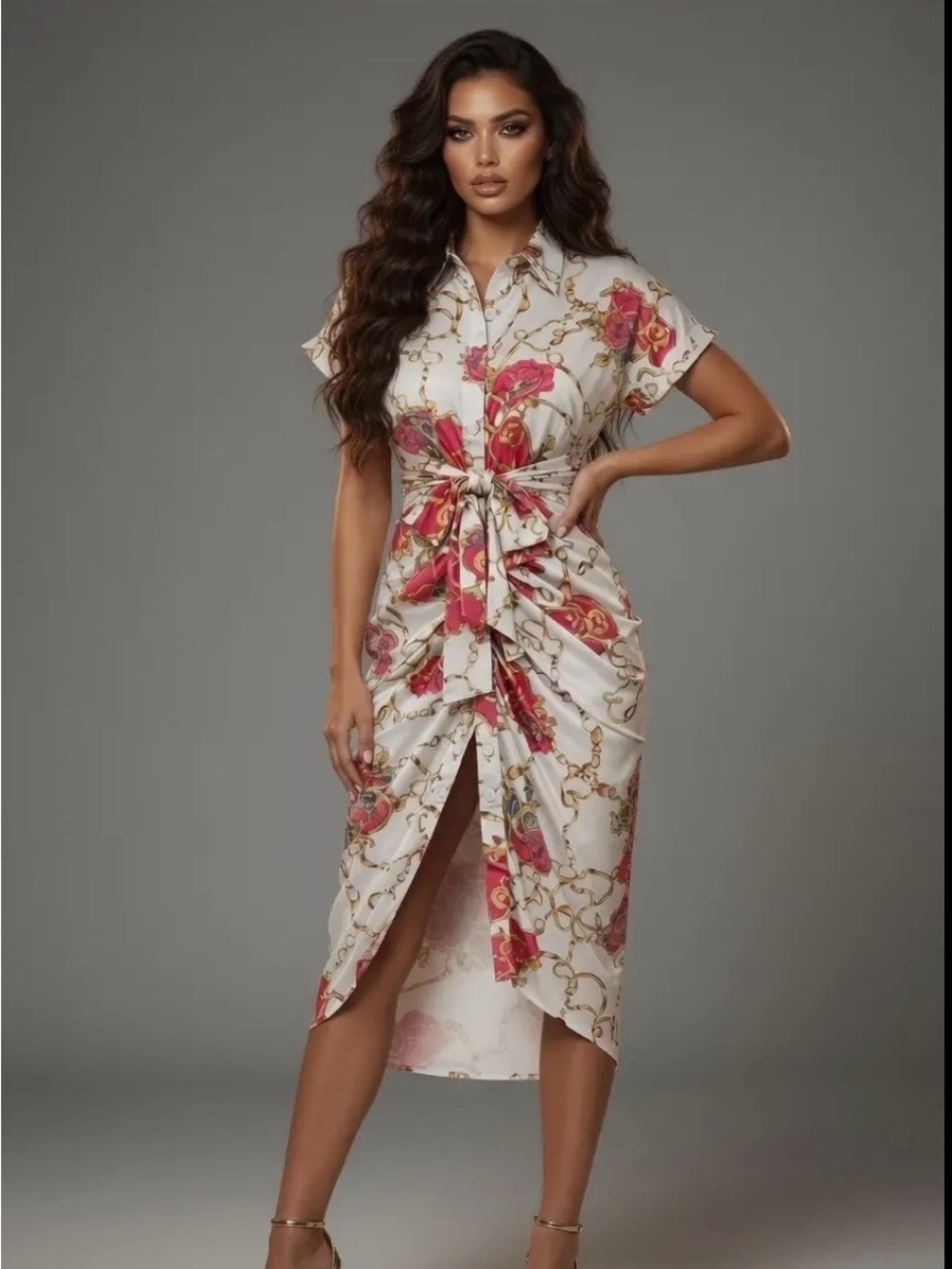 Floral Midi Ruched Waist Tie Midi Dress